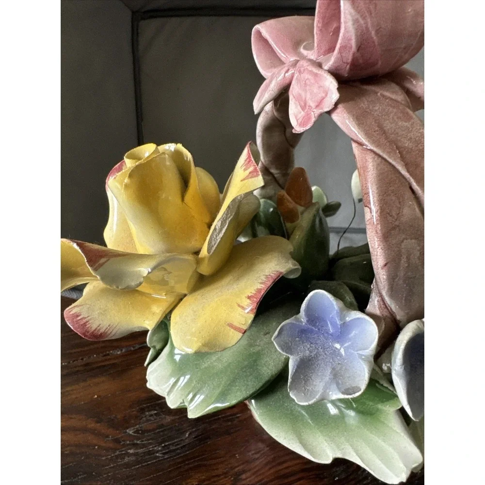 Vintage 1980s Capodimonte Italian‎ Porcelain Flower Basket Pink Yellow